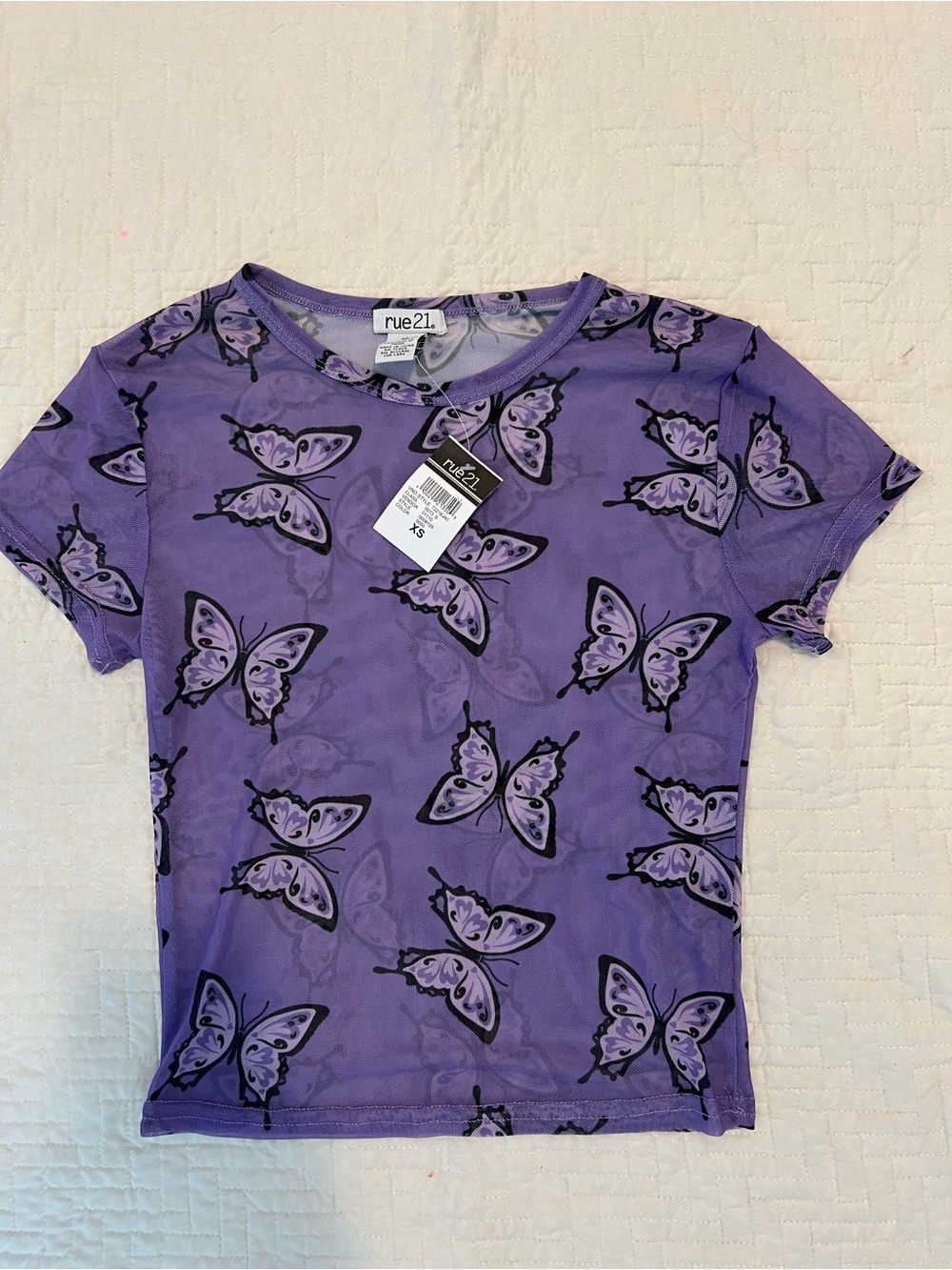 VTG Y2K Purple Butterfly Print Sheer Mesh Crop Top Baby Tee XS Festival Fairy - Picture 4 of 8